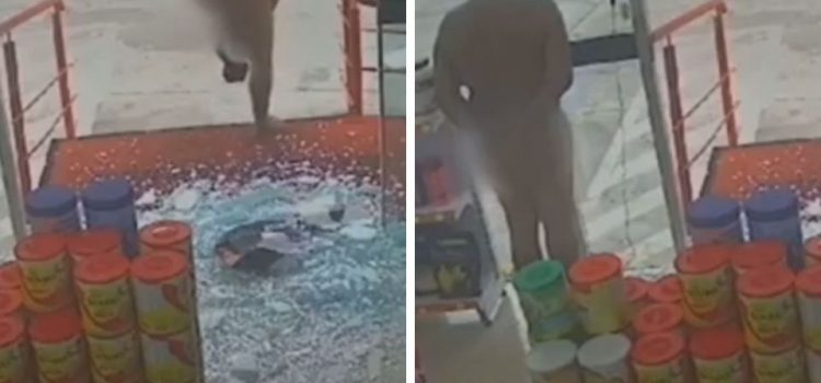 ‘Doidão’ quebra vidro de farmácia e se pesa pelado em MT; assista