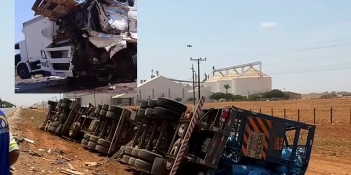 Acidente ‘de cinema’ envolvendo três caminhões e carro deixa rastro de destruição na BR-163; vídeo