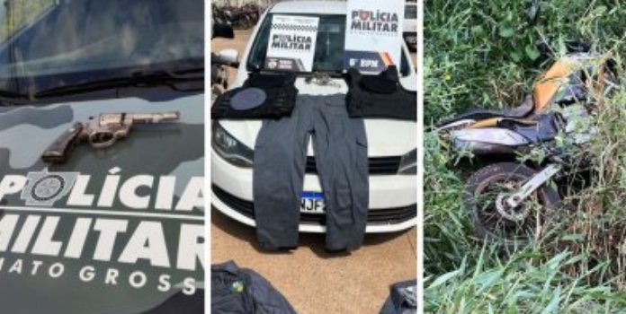 Com moto roubada em Rondonópolis, membros do CV são presos com fardas e coletes da PM após atirarem no rosto de rival do PCC
