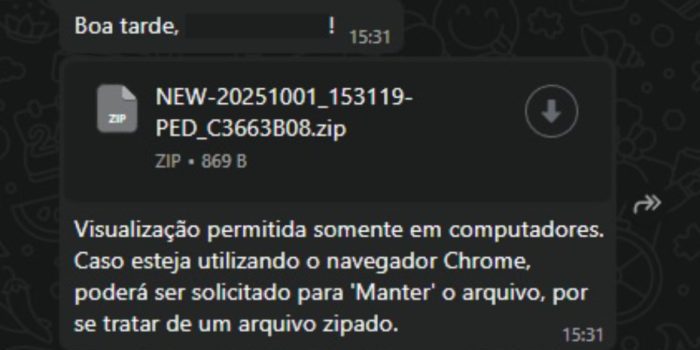 Usuários de Rondonópolis relatam golpe no WhatsApp com arquivo ZIP suspeito