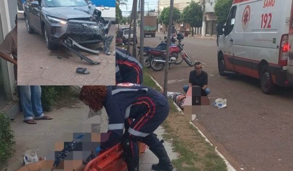 Forte colisão entre carro e moto deixa motociclista gravemente ferido em Rondonópolis; imagens fortes