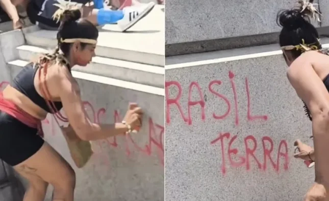 14 anos de prisão? Manifestante picha estátua durante ato da esquerda em BH