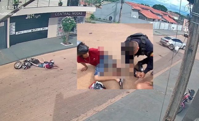 Vídeo mostra motoqueiro com a perna ‘estropiada’ após fugir da PM e colidir com carro em MT; assista tudo