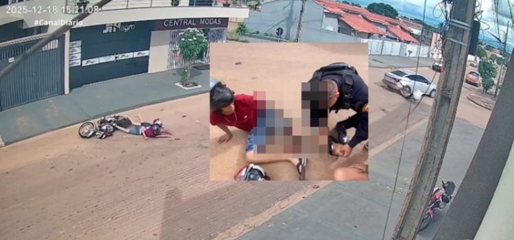 Vídeo mostra motoqueiro com a perna ‘estropiada’ após fugir da PM e colidir com carro em MT; assista tudo