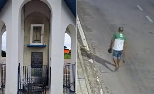 Homem “possuído por espíritos” quebra imagem imagem de Nossa Senhora Aparecida com machado em MT; vídeo