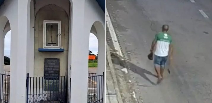 Homem “possuído por espíritos” quebra imagem imagem de Nossa Senhora Aparecida com machado em MT; vídeo