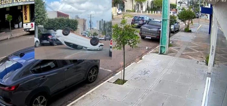 Vídeo mostra carro capotando após furar sinaleiro e atingir veículo no Centro de Rondonópolis