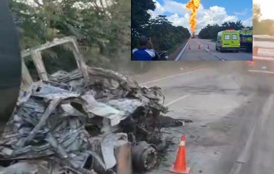 VÍDEO IMPRESSIONA | Carreta-tanque fica destruída após pegar fogo na Serra de São Vicente e trava BR-364