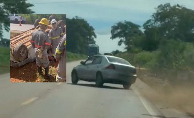Vídeo mostra carro em zigue-zague e capotamento no anel viário de Rondonópolis; motorista ficou ferido