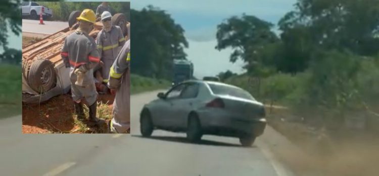 Vídeo mostra carro em zigue-zague e capotamento no anel viário de Rondonópolis; motorista ficou ferido