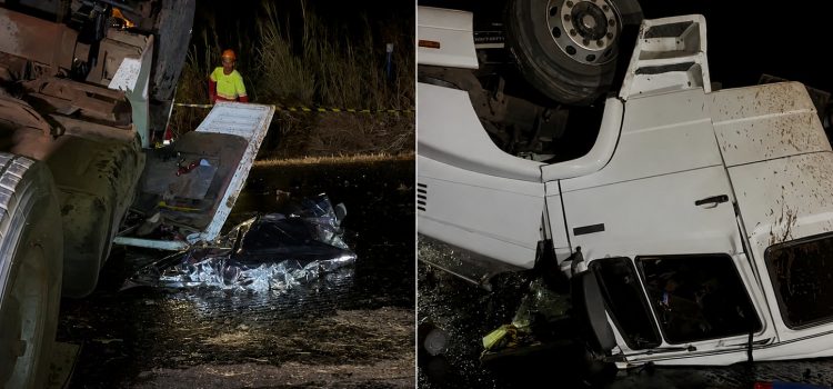 Motorista morre preso às ferragens após carreta tombar na BR-364 em Rondonópolis