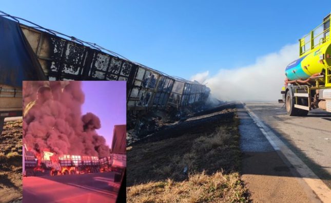 Vídeo mostra carreta destruída por incêndio após sequência de acidentes interditar BR-163 em Rondonópolis