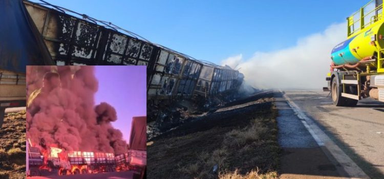 Vídeo mostra carreta destruída por incêndio após sequência de acidentes interditar BR-163 em Rondonópolis
