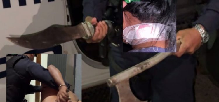 Homem é preso pela PM após tentar degolar esposa com machadinha; vídeo forte
