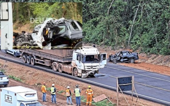 Duas pessoas morrem esmagadas às ferragens após carro colidir com carreta na BR-163; vídeo