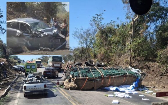 Grave acidente entre carreta-tanque, caminhão e carro deixa pessoa ferida na BR-364; vídeo