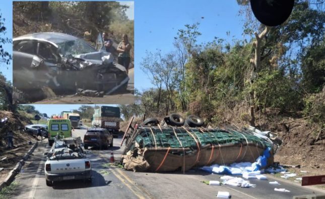 Grave acidente entre carreta-tanque, caminhão e carro deixa pessoa ferida na BR-364; vídeo