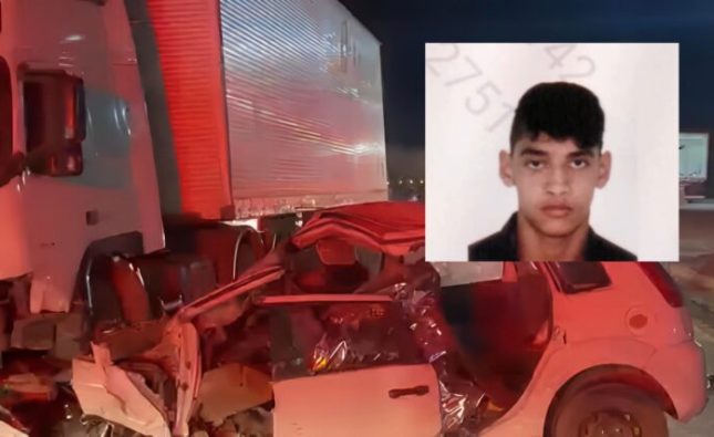 Jovem morre preso às ferragens em grave acidente entre carro e caminhão na BR-364; vídeo mostra destruição