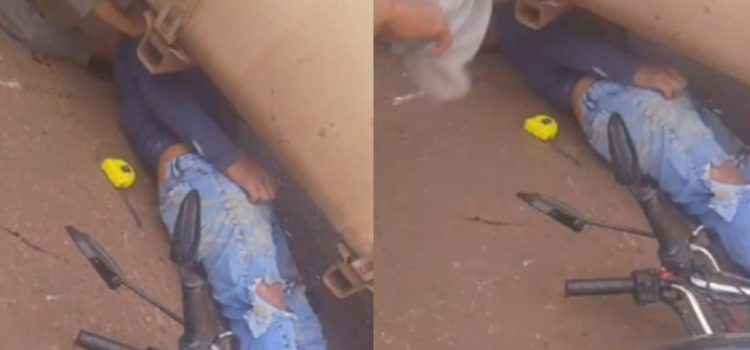Motociclista para embaixo de carreta e vídeo mostra momentos de tensão em Rondonópolis; assista