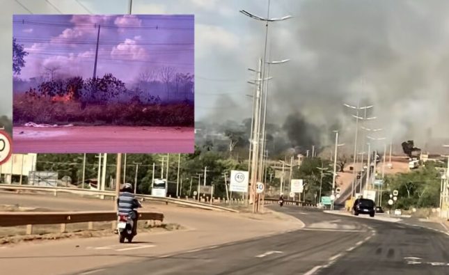 Vídeo mostra incêndio de grandes proporções atingindo região de cemitério em Rondonópolis