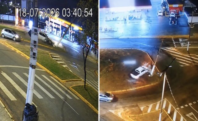 Vídeos mostram ladrões com caminhonete furtada destruindo poste e fugindo a pé em Rondonópolis