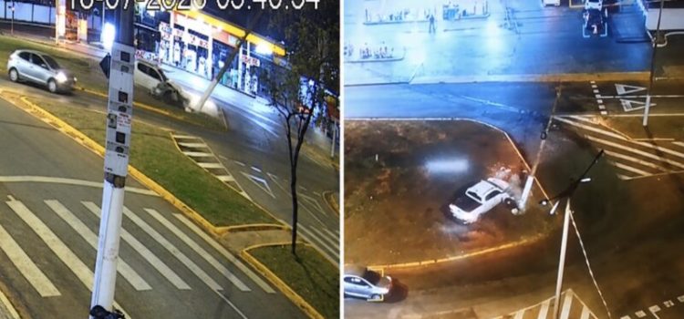 Vídeos mostram ladrões com caminhonete furtada destruindo poste e fugindo a pé em Rondonópolis