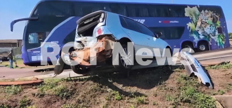 Caminhão joga Golf contra guard-rail e ônibus fica preso ao desviar de ambulância em Rondonópolis; vídeo exclusivo