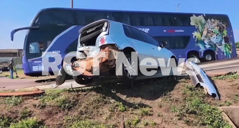 Caminhão joga Golf contra guard-rail e ônibus fica preso ao desviar de ambulância em Rondonópolis; vídeo exclusivo