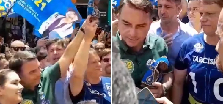 Flávio Bolsonaro segura imagem de Nossa Senhora em ato para rebater fake