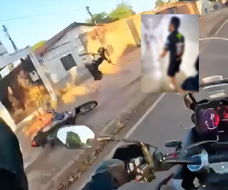 Vídeo mostra motociclista em fuga da PRF cair com garupa e tentar escapar a pé em Rondonópolis