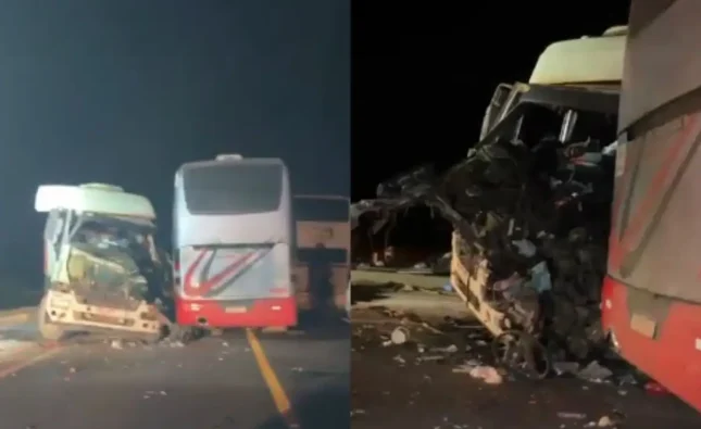 Motorista fica preso às ferragens e vai parar no Regional após colisão entre dois ônibus e carreta na BR-163; vídeo