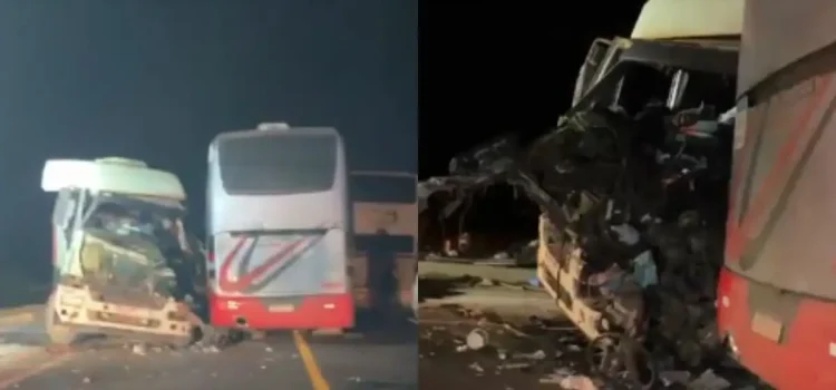 Motorista fica preso às ferragens e vai parar no Regional após colisão entre dois ônibus e carreta na BR-163; vídeo
