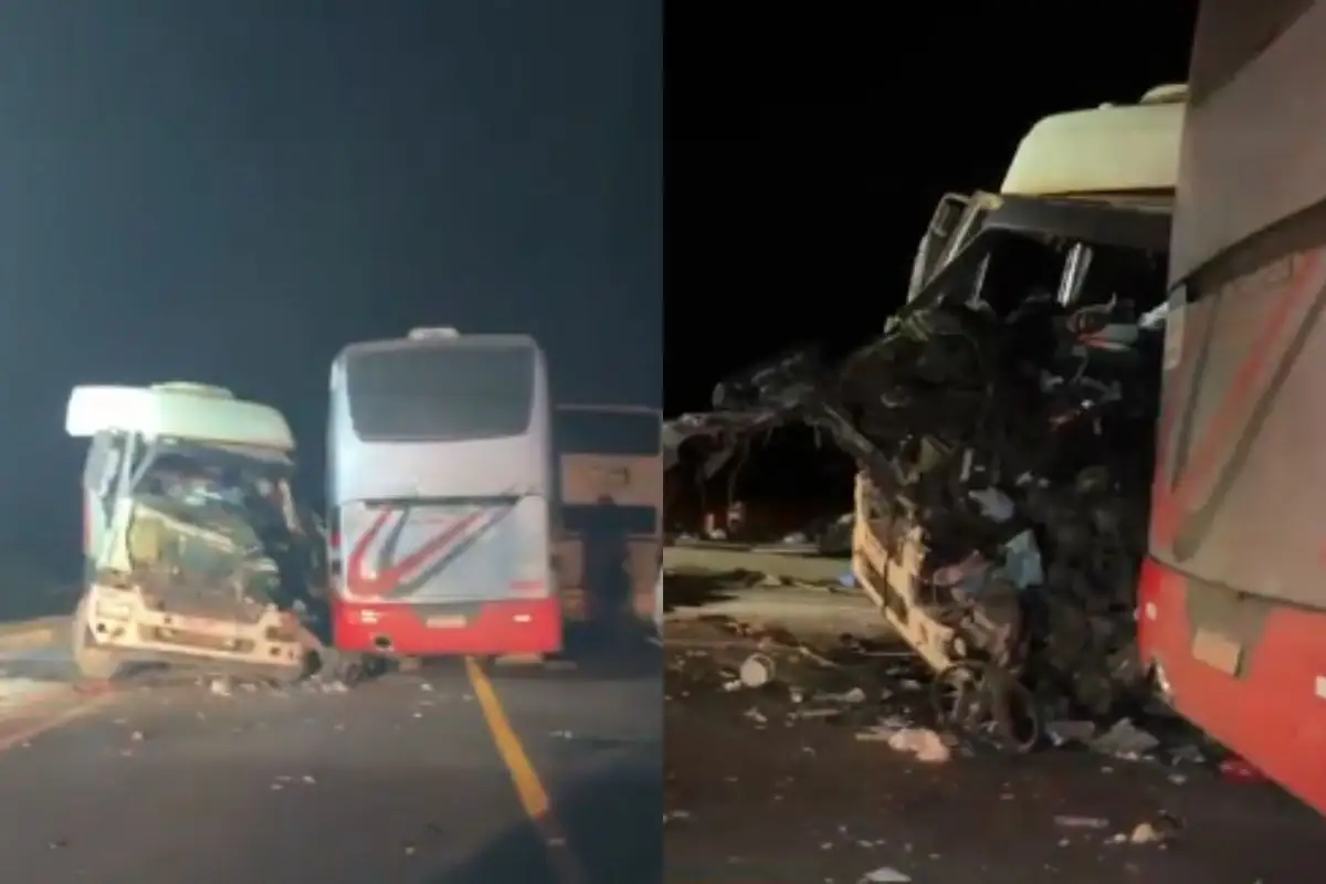 Motorista fica preso às ferragens e vai parar no Regional após colisão entre dois ônibus e carreta na BR-163; vídeo